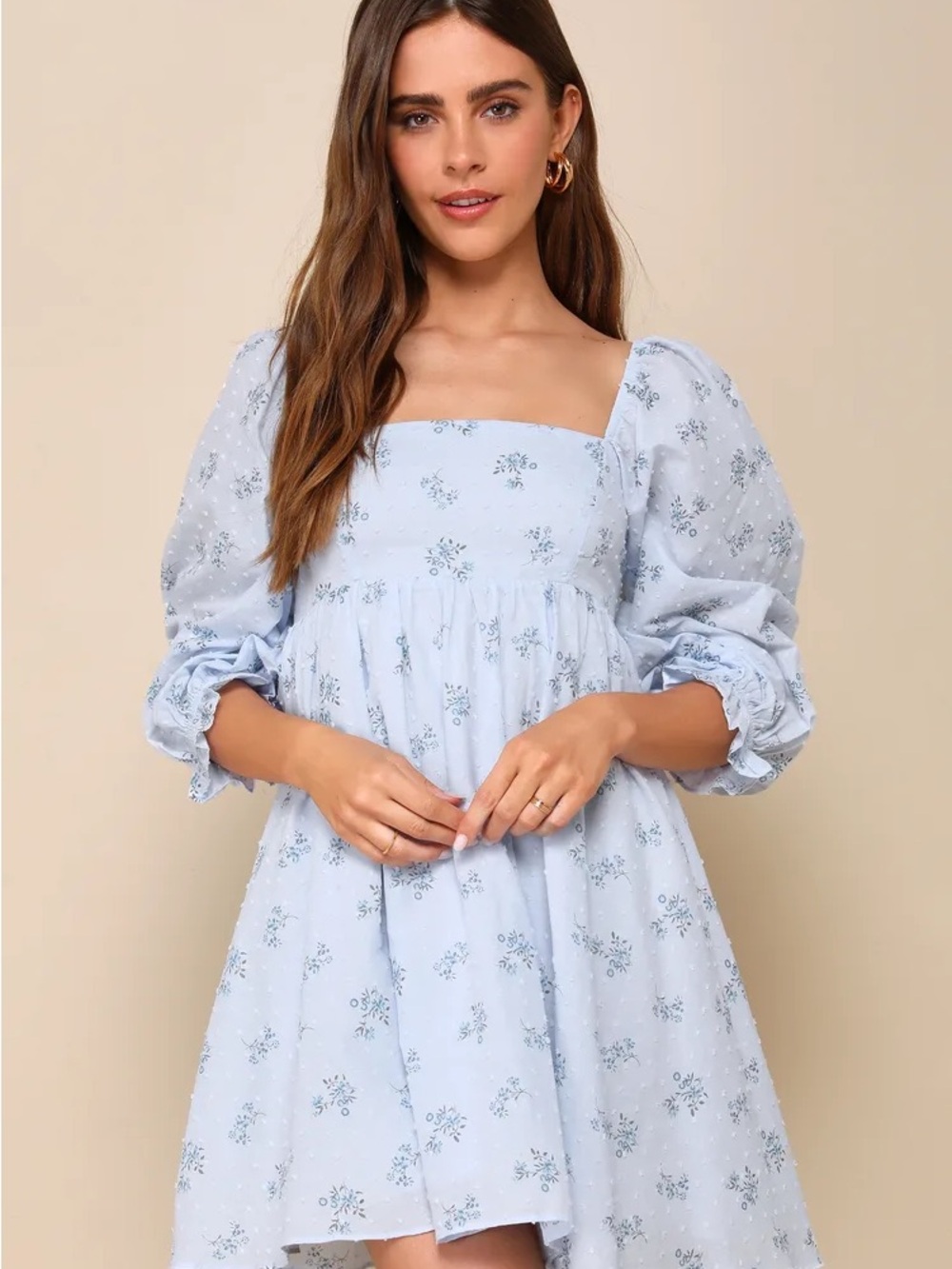 Lulu's Light Blue Floral Square Neck Puff Sleeve Mini Dress
